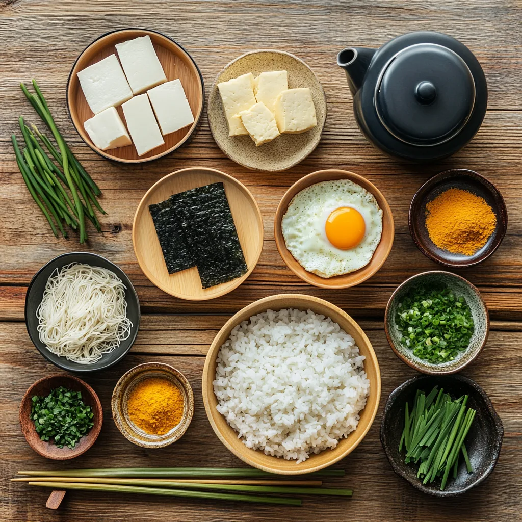 essential ingredients for preparing popular Asian breakfasts: fresh jasmine rice, soy sauce, miso paste, tofu, eggs, green onions, nori sheets, steamed buns, spices like turmeric and cumin, rice noodles, and small bowls of herbs such as cilantro and mint. The items are displayed on a clean wooden countertop with chopsticks, bamboo steamers, and a teapot for a warm, authentic feel
