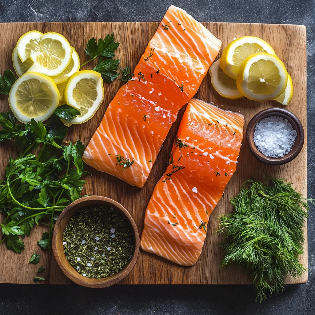 fresh ingredients for herb-grilled salmon, including raw salmon fillets