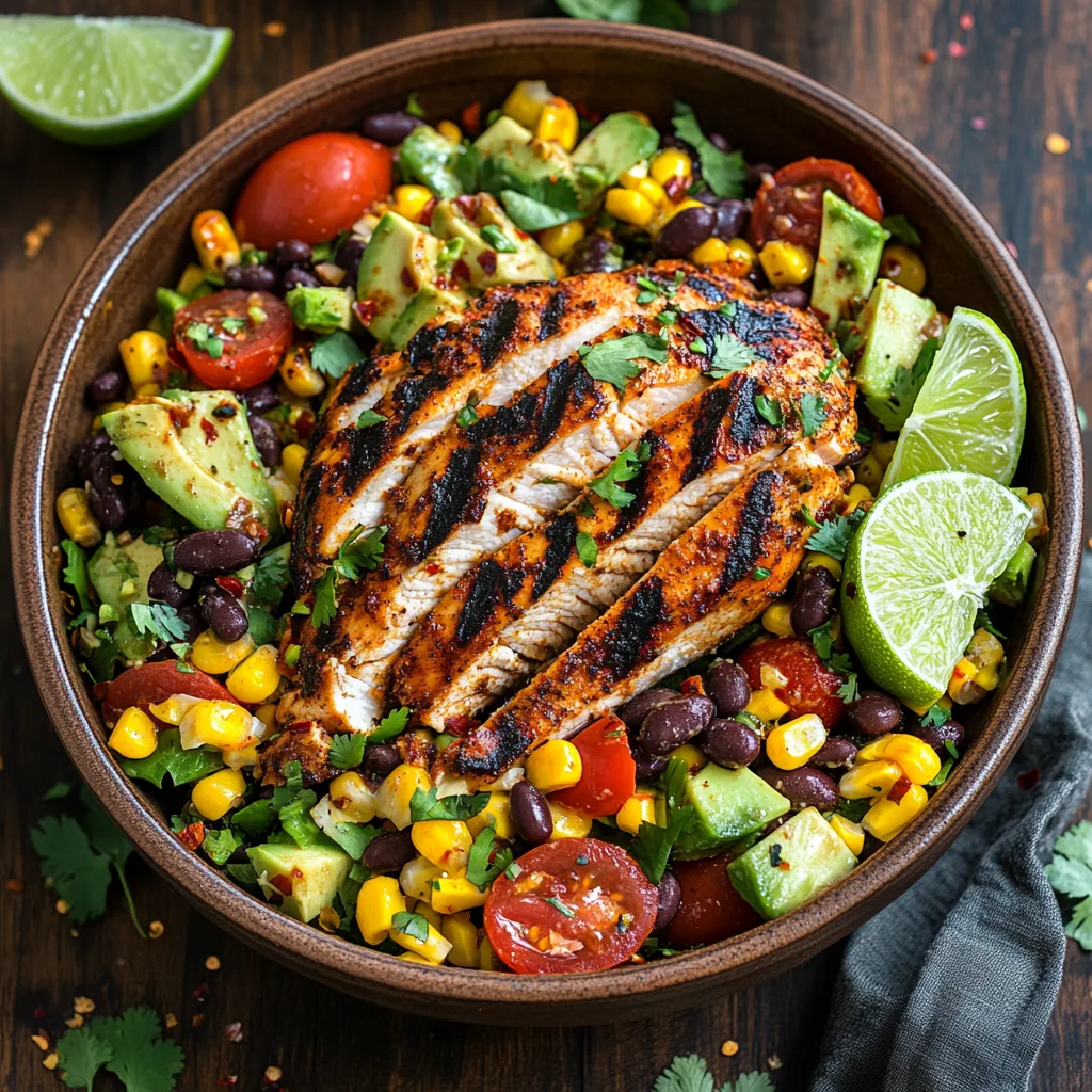 A vibrant plate of Grilled Chipotle Chicken and Corn Dense Bean Salad