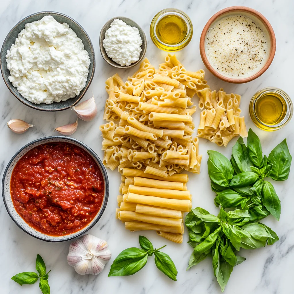 top-down view of fresh ingredients for vegetarian baked ziti, including uncooked ziti pasta, marinara sauce, ricotta cheese