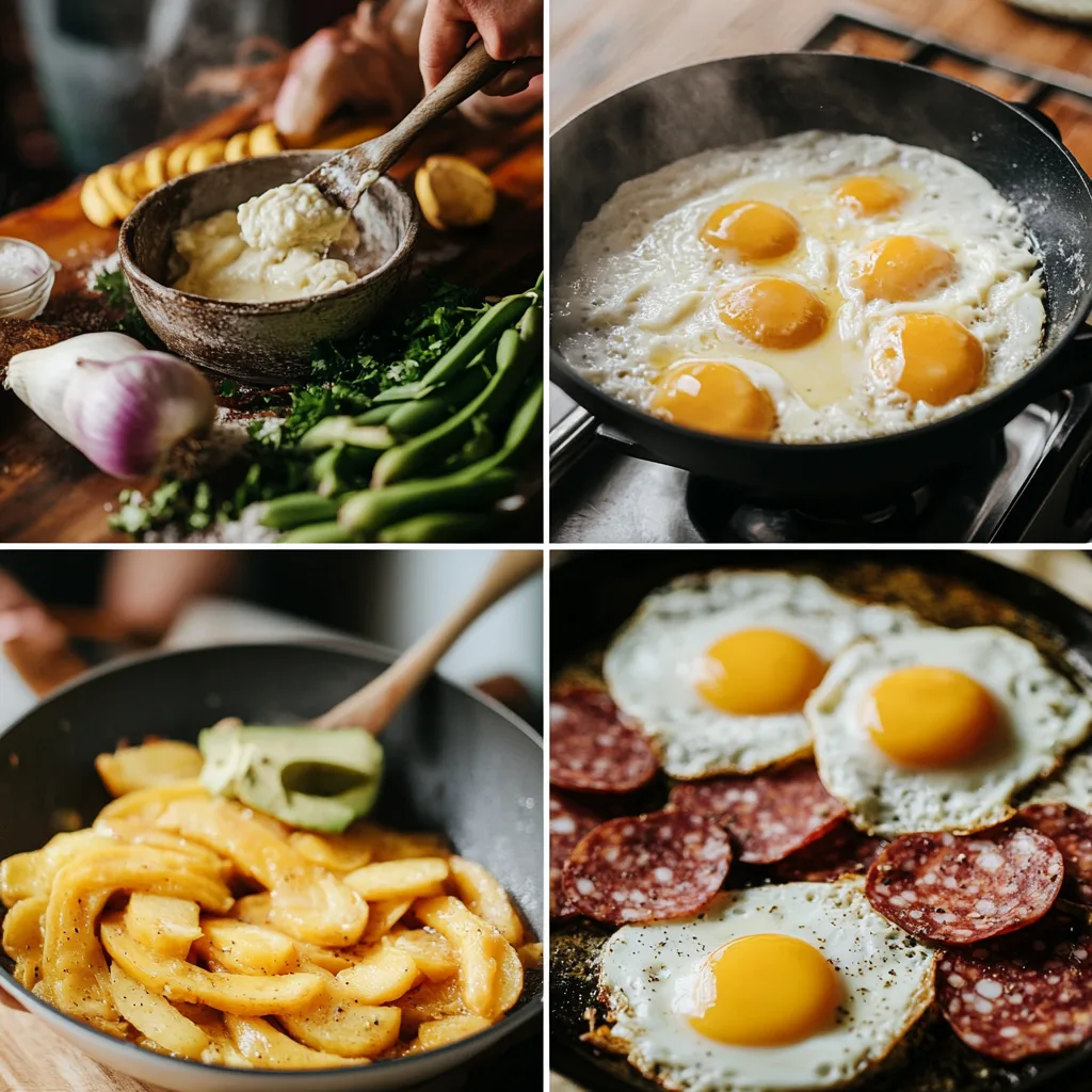A visually engaging collage of the preparation process for a Dominican breakfast: peeling and chopping green plantains, boiling them in a pot, mashing them with butter and broth into mangú, sautéing red onions in a small pan, frying golden cheese and crispy salami in a skillet, and plating the meal with sunny-side-up eggs and avocado slices. The background shows a cozy, bright kitchen setting