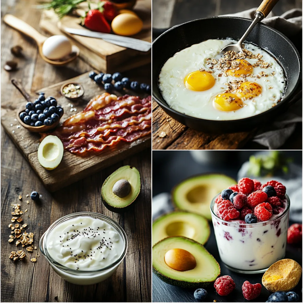 preparation process for a high-protein breakfast: whisking eggs in a bowl, frying turkey bacon in a skillet, slicing avocado, blending a smoothie with protein powder and frozen fruit, and layering a Greek yogurt parfait with fresh berries and granola