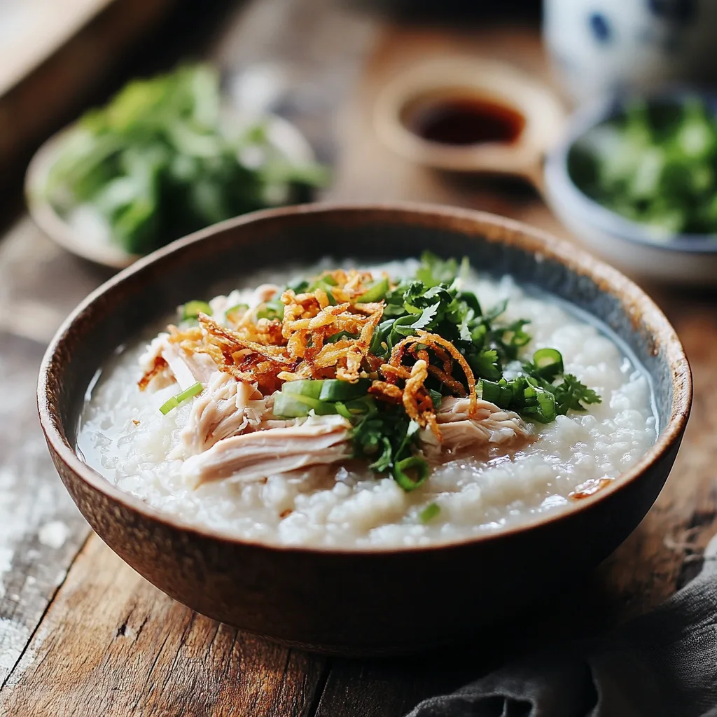 bowl of steaming rice porridge (congee) garnished with sliced green onions, shredded chicken, crispy fried shallots, and a drizzle of soy sauce, served with a side plate of fresh herbs