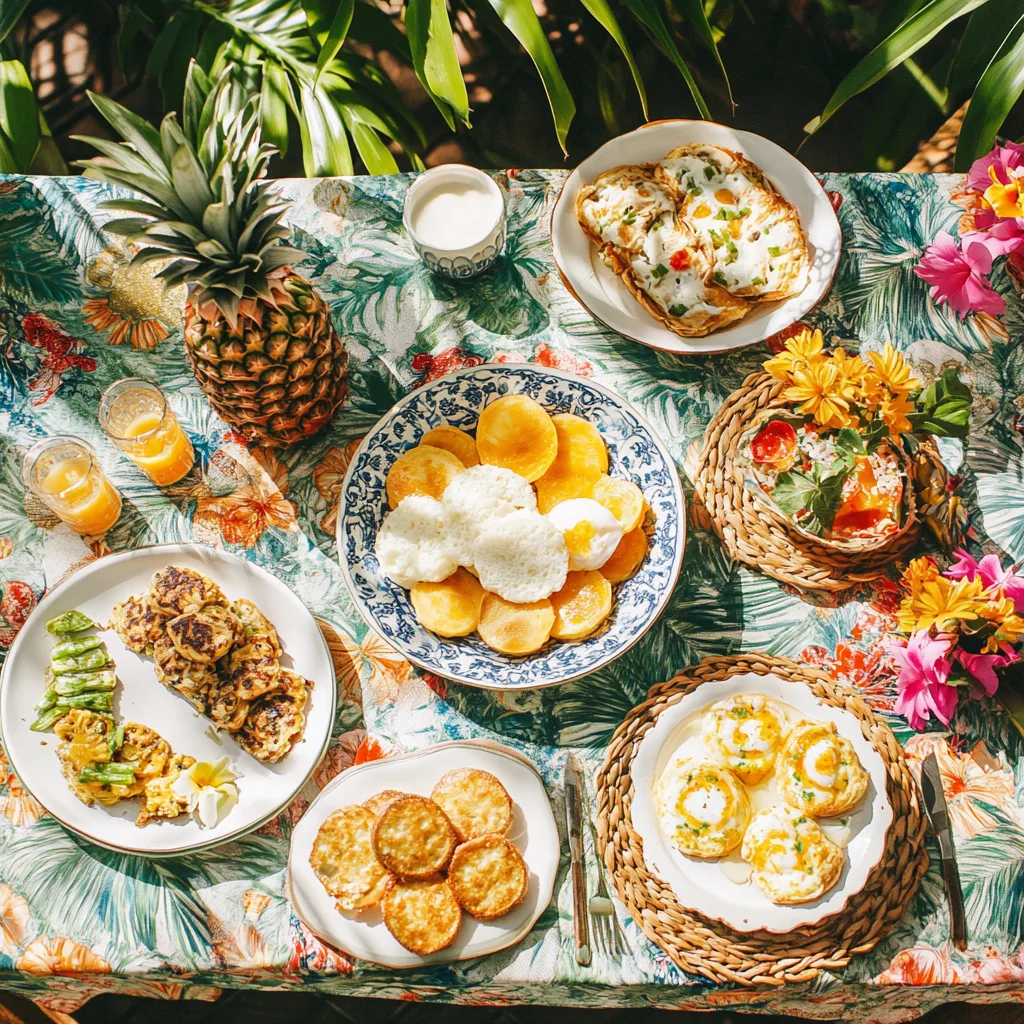 Hawaiian breakfast spread on a tropical-themed table