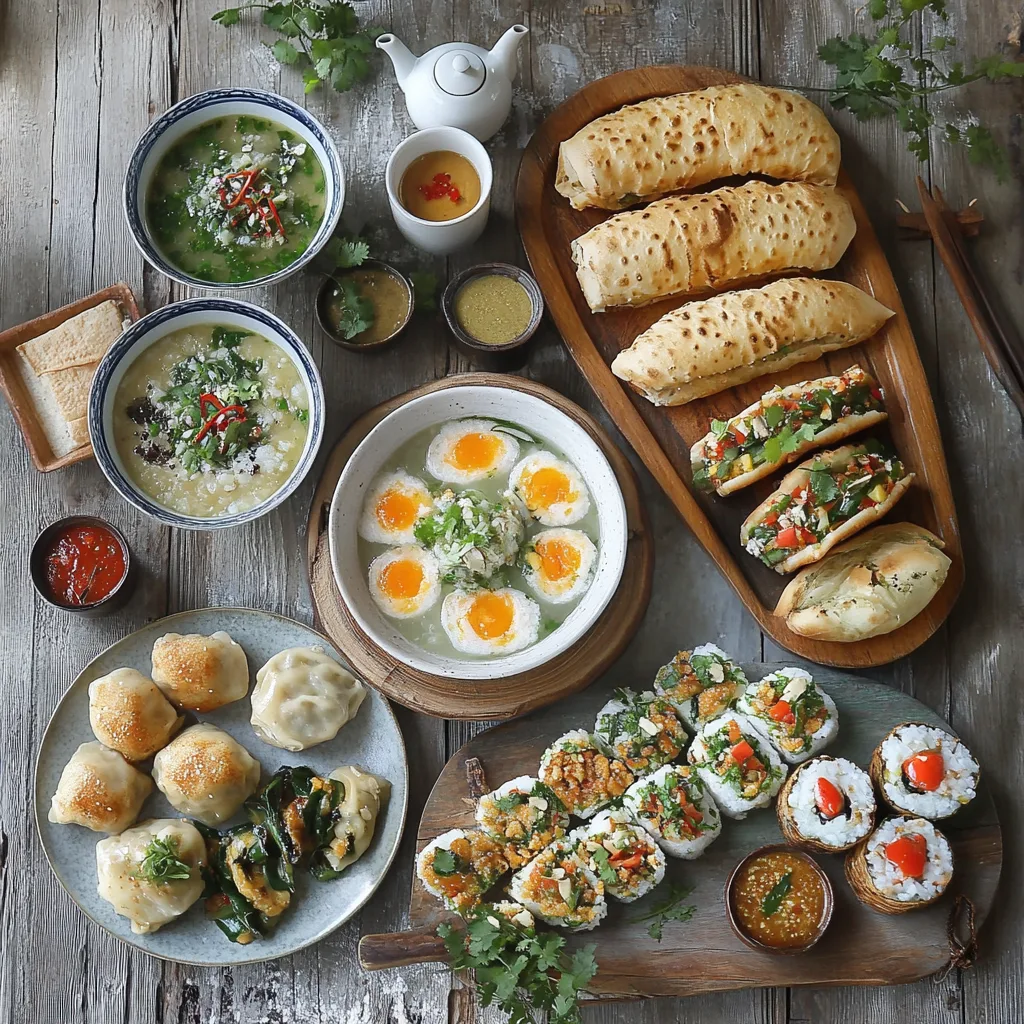 popular Asian breakfast dishes from various regions: Japanese tamago sushi with miso soup, Chinese steamed dumplings and congee, Indian masala dosa with chutneys, Thai jok (rice porridge) topped with herbs, and Vietnamese bánh mì sandwiches. Each dish is beautifully plated with vibrant garnishes