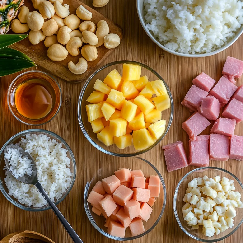 ingredients for a Hawaiian breakfast neatly laid out on a wooden countertop