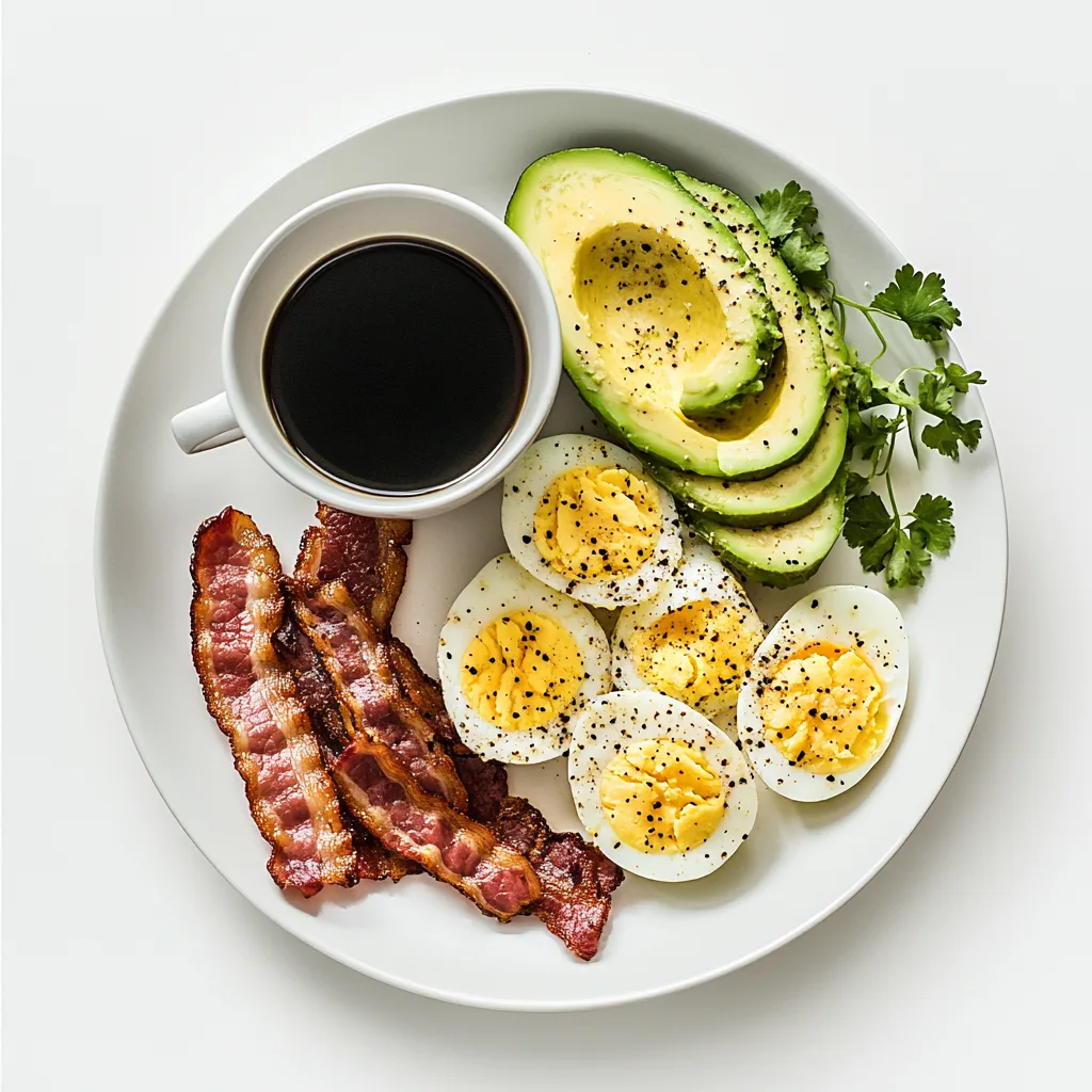 healthy keto breakfast spread featuring avocado slices, scrambled eggs, crispy bacon, and a cup of black coffee
