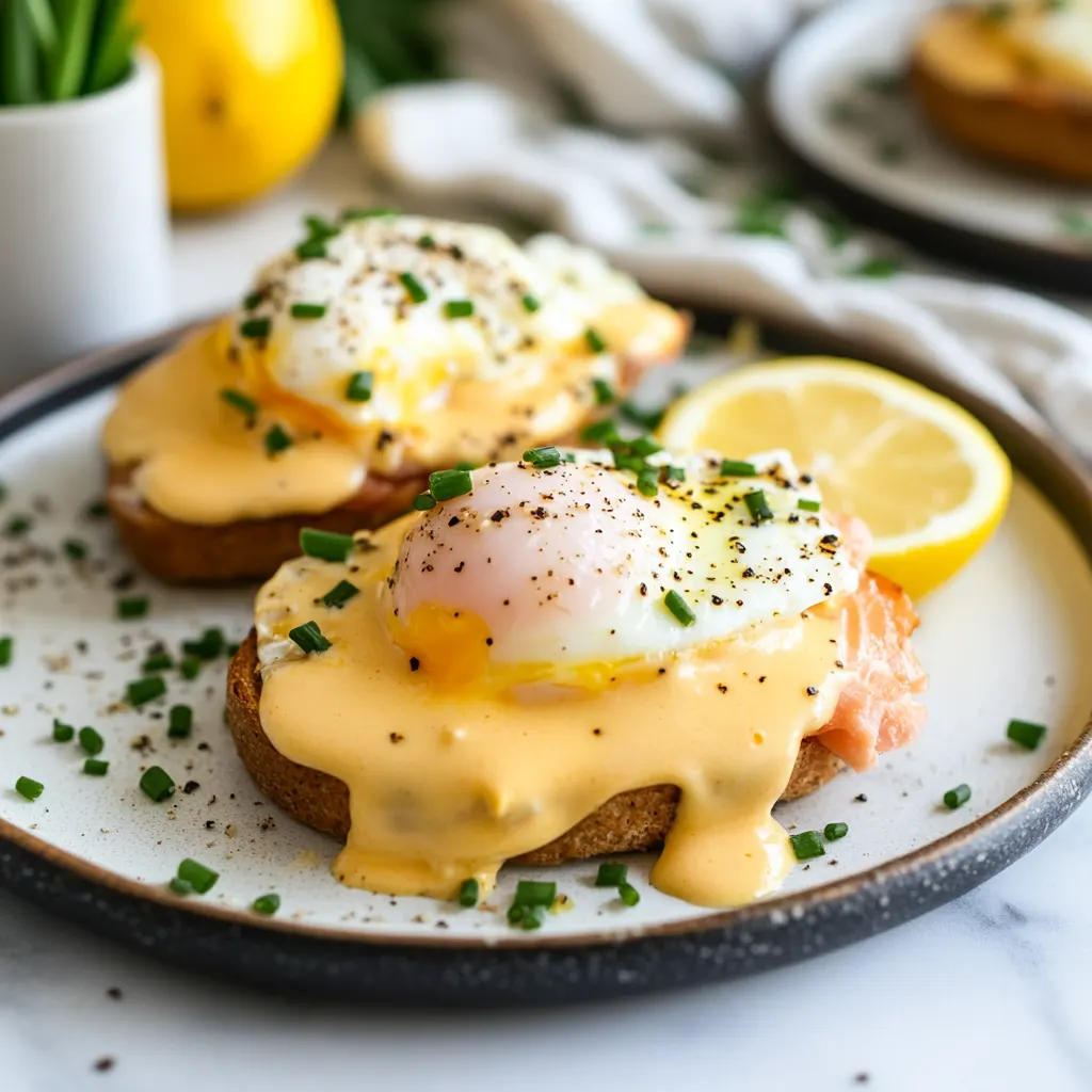 eggs benedict salmon on a plate. The dish should feature a toasted English muffin topped with a slice of fresh smoked salmon