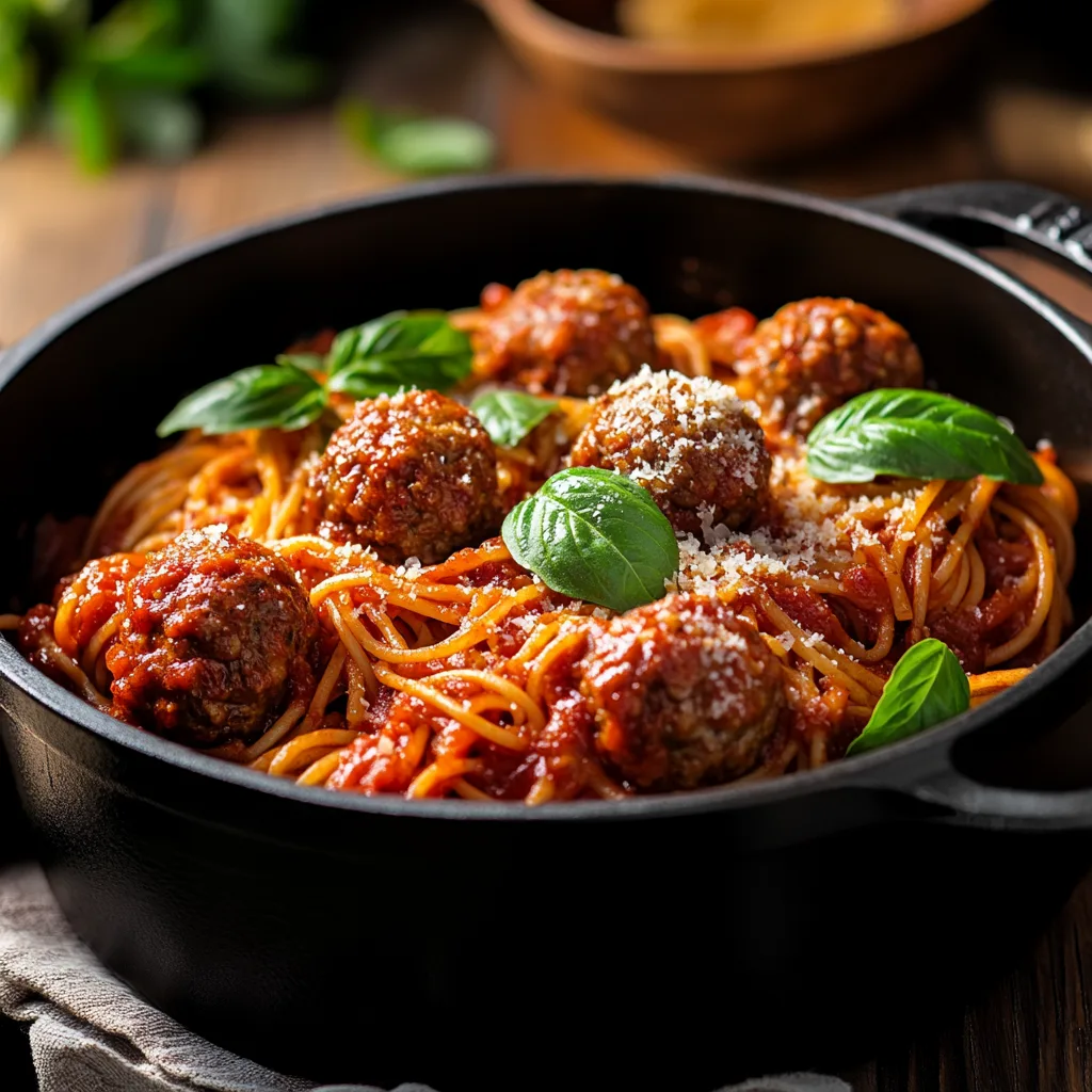 a rustic Dutch oven filled with a hearty serving of spaghetti and meatballs. The noodles are perfectly cooked