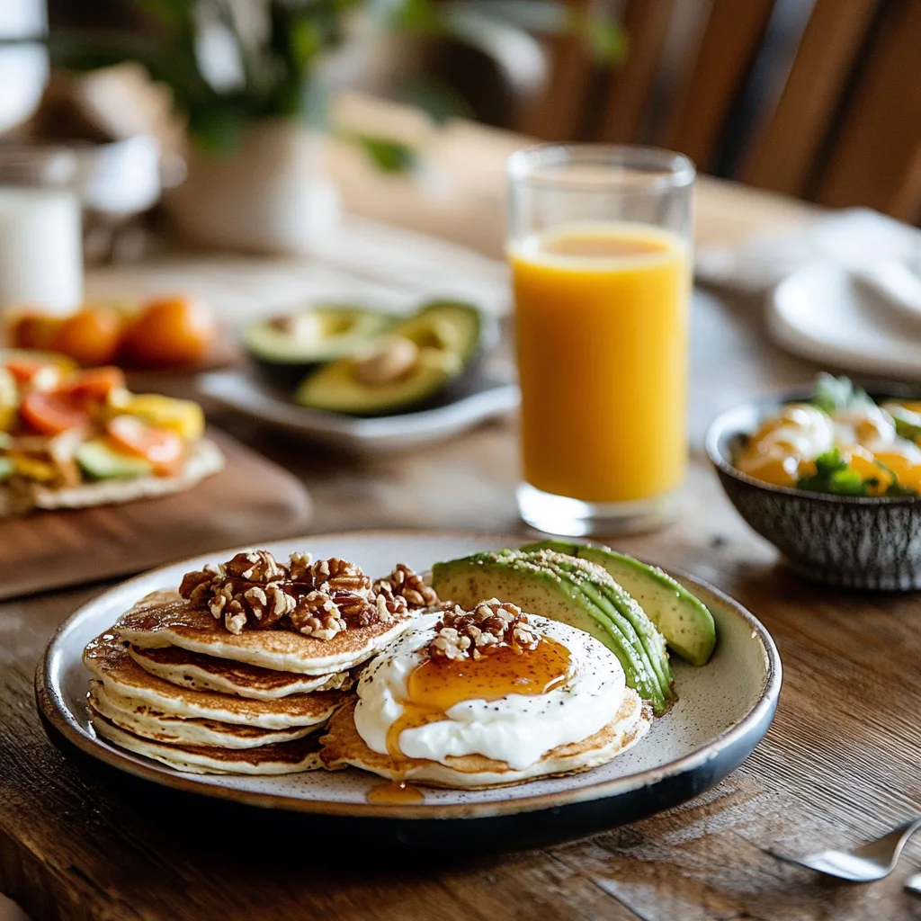 A high-calorie breakfast spread with pancakes, Greek yogurt, a breakfast burrito, and fresh orange juice on a rustic table.
