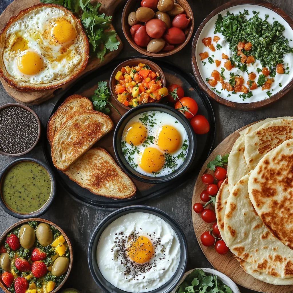 high-calorie breakfast recipes including a smoothie bowl, omelet, pancakes, and overnight oats on a wooden table