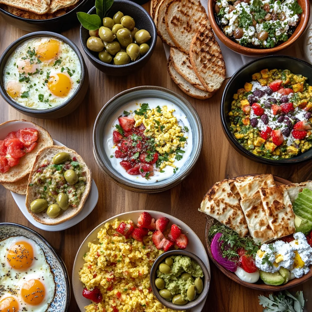 Creative high-calorie breakfast recipes including a smoothie bowl, omelet, pancakes, and overnight oats on a wooden table