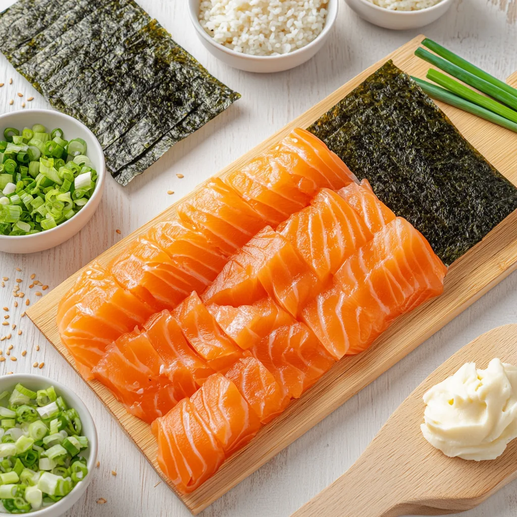 fresh sushi bake ingredients: a fillet of raw salmon, a bowl of fluffy cooked sushi rice, small dishes with cream cheese, mayonnaise, sesame seeds