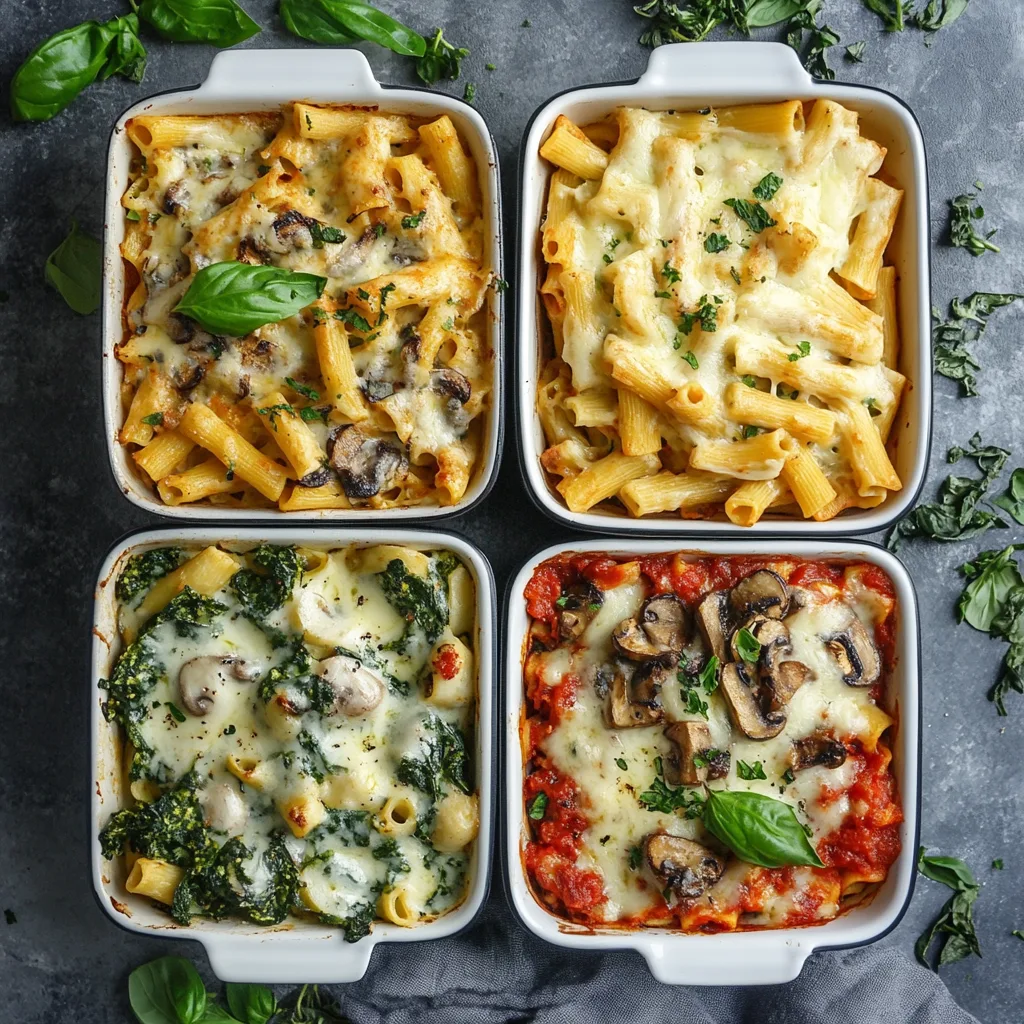 Four variations of vegetarian baked ziti displayed side by side, including a creamy Alfredo version, a spinach and mushroom variety, a vegan option with dairy-free cheese, and a spicy marinara style, each garnished with unique toppings and served in stylish baking dishes, bright and appetizing lighting