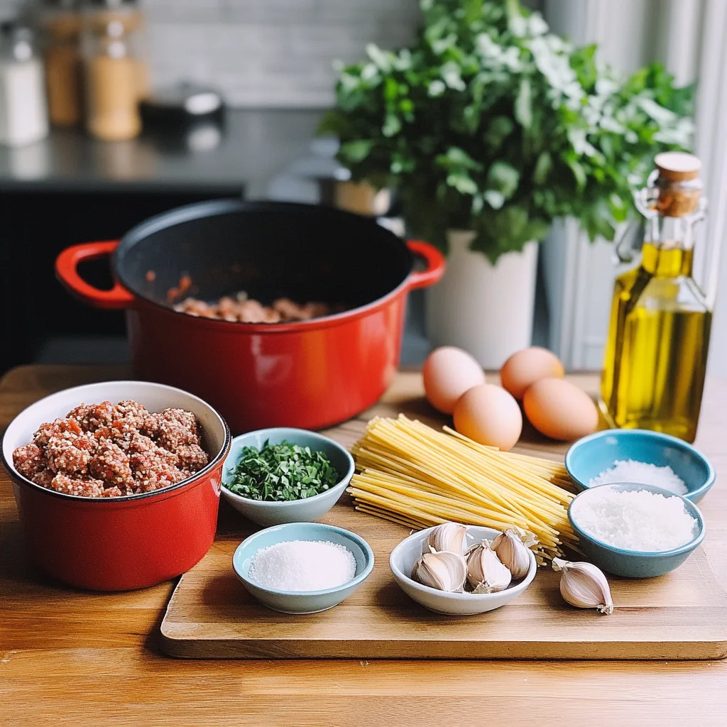image showing the ingredients for spaghetti and meatballs in a Dutch oven: ground beef, breadcrumbs, garlic, fresh parsley, eggs, Parmesan cheese, spaghetti, and marinara sauce arranged neatly on a kitchen counter. In the background, a Dutch oven is ready for cooking, with olive oil, salt, and pepper in small bowls nearby. The countertop is wooden