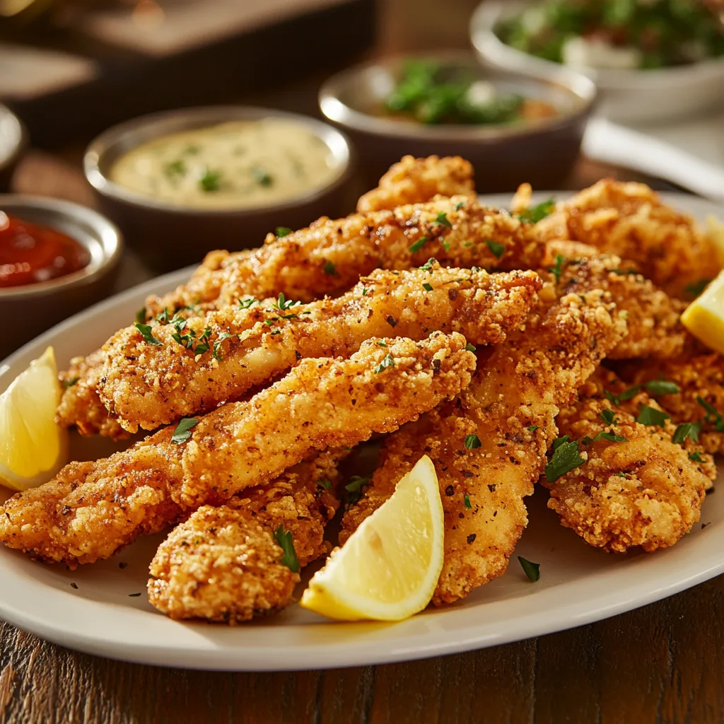 crispy garlic butter chicken strips arranged beautifully on a white plate, garnished with freshly chopped parsley and lemon wedges