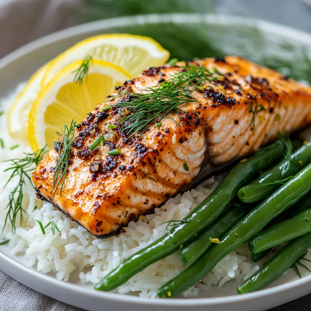 Grilled salmon fillet with a golden crust