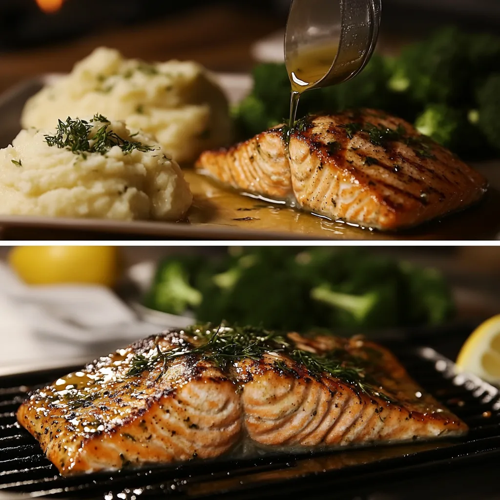 Step-by-step visuals of making herb-grilled salmon, showing marinating the salmon with fresh herbs and olive oil