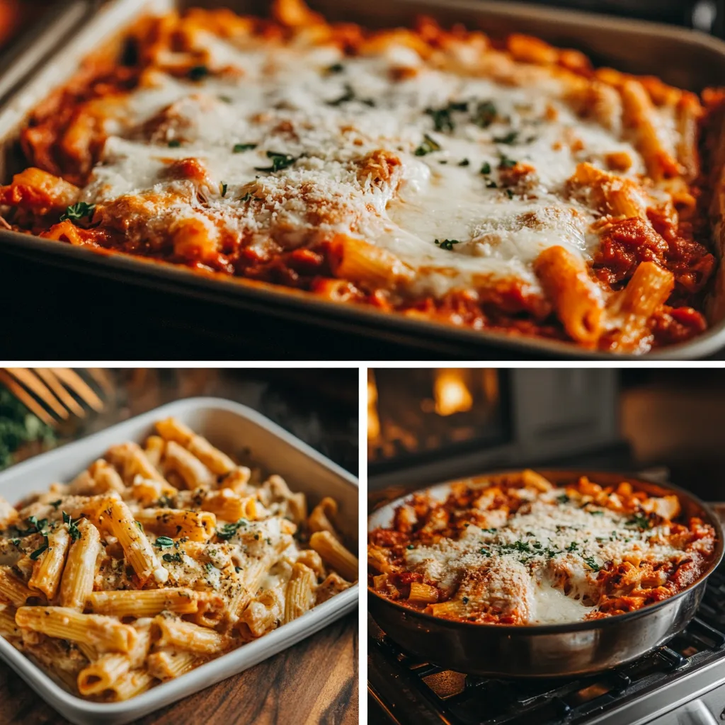 Step-by-step visuals of making vegetarian baked ziti, showing cooked pasta in a pot, ricotta being spread over marinara-covered pasta, layering mozzarella cheese, and a tray of ziti bubbling in the oven