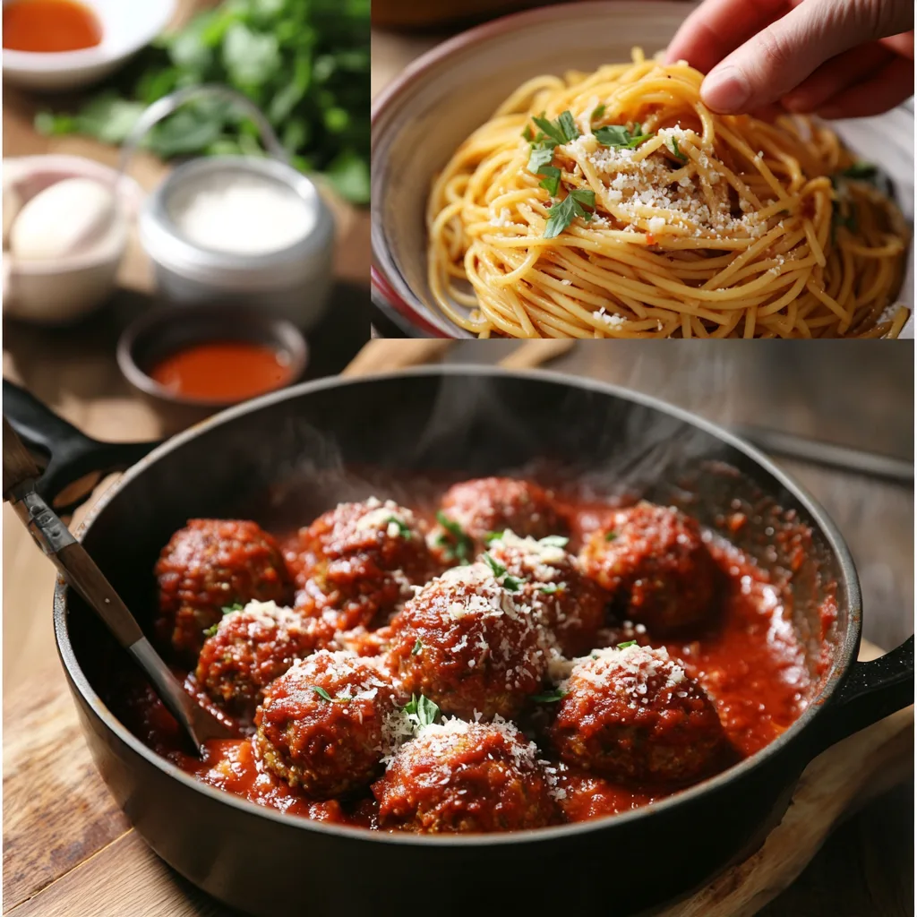 large mixing bowl with seasoned ground beef, breadcrumbs, garlic, eggs, parsley, and Parmesan cheese being mixed together with a spoon. The ingredients are raw, showing their texture, and the countertop is cluttered with a few kitchen utensils. A cozy, warm kitchen environment with soft sunlight coming through a window should be visible. Step 2: Shaping the Meatballs Generate an image of hands rolling meatballs on a cutting board, with a small bowl of olive oil beside them. The meatballs are being carefully shaped, with some already formed and placed neatly on the board. The kitchen scene should have a rustic, homey feel, with a wooden spoon and a Dutch oven visible in the background. Step 3: Searing the Meatballs in the Dutch Oven Create an image of meatballs being seared in a sizzling Dutch oven with a little bit of olive oil. The meatballs should have a golden brown crust, and the sauce is just beginning to simmer. The Dutch oven is on the stovetop, surrounded by fresh ingredients, with a warm, inviting glow in the kitchen. Step 4: Adding the Spaghetti and Sauce Generate an image of spaghetti being added to the Dutch oven filled with marinara sauce and meatballs. The noodles are being gently stirred in, with steam rising from the pot. A wooden spoon is visible, and the kitchen lighting is soft and natural, creating a home-cooked meal vibe. Step 5: Serving the Dish "Create an image of a completed Dutch oven spaghetti and meatballs dish being served onto a rustic plate. The meatballs are perfectly positioned on top of the spaghetti, with a sprinkle of fresh basil and parmesan cheese.
