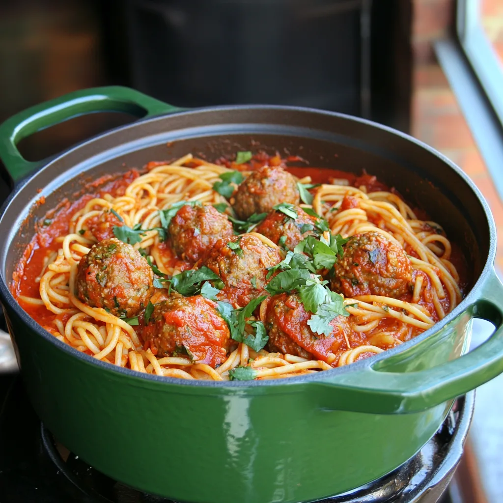 Variation Generate an image of a vegan spaghetti and meatballs dish in a Dutch oven. The meatballs are made from plant-based ingredients