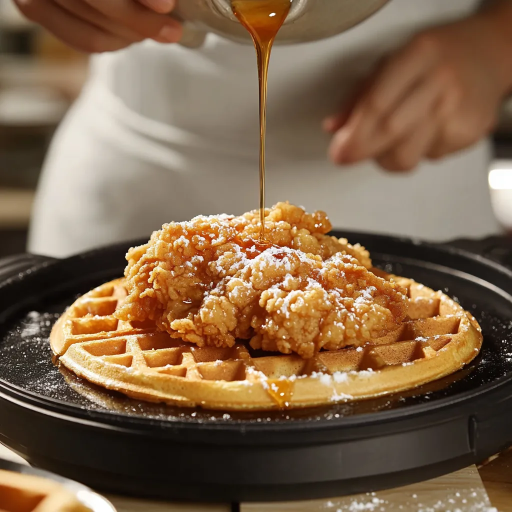 preparation scene for chicken and waffles.