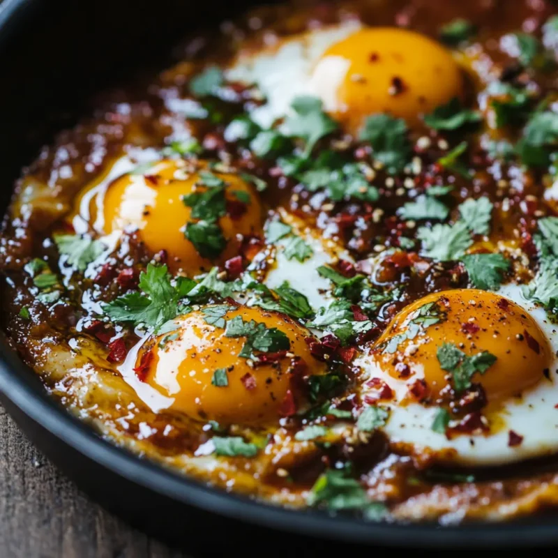 Sizzling pan of fried eggs coated in chili garlic sauce and brown butter, with fresh herbs sprinkled on top, creating a rustic breakfast vibe.