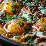 Sizzling pan of fried eggs coated in chili garlic sauce and brown butter, with fresh herbs sprinkled on top, creating a rustic breakfast vibe.