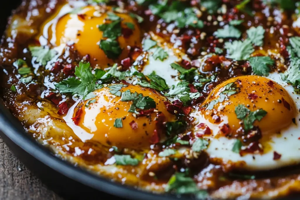 Sizzling pan of fried eggs coated in chili garlic sauce and brown butter, with fresh herbs sprinkled on top, creating a rustic breakfast vibe.