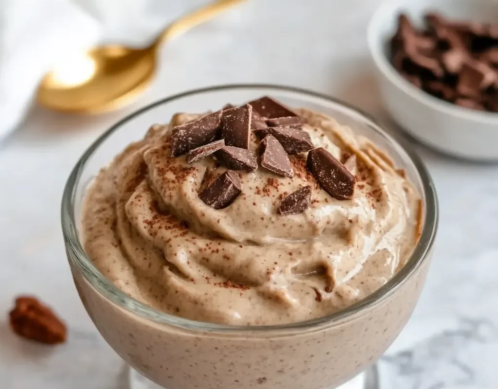 Protein pudding served in a glass bowl with toppings