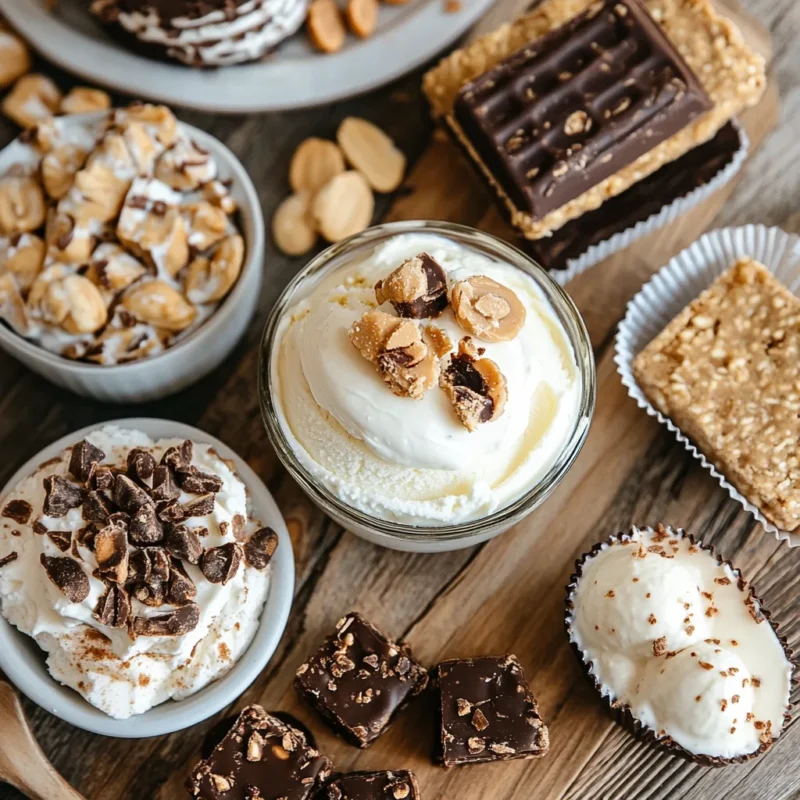 Flat lay of high-protein desserts, including Greek yogurt parfaits, protein bars, peanut butter cups, and a scoop of protein-rich ice cream, beautifully arranged on a wooden table