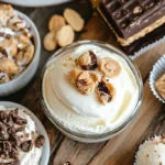 Flat lay of high-protein desserts, including Greek yogurt parfaits, protein bars, peanut butter cups, and a scoop of protein-rich ice cream, beautifully arranged on a wooden table