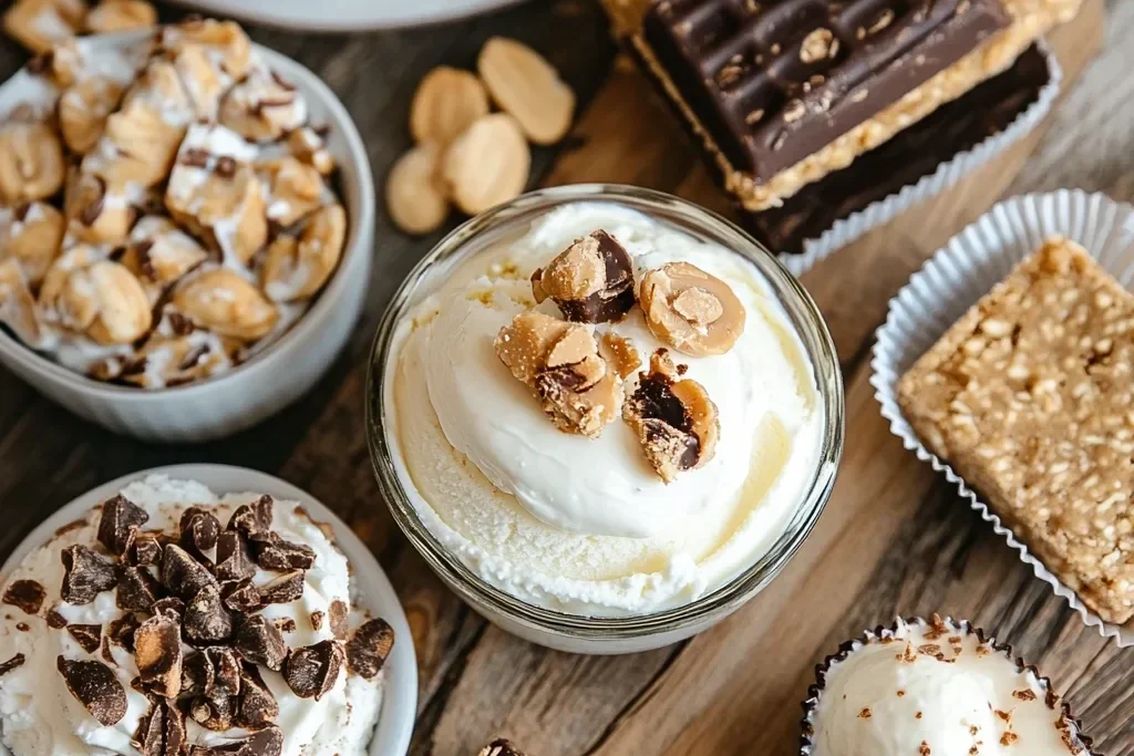 Flat lay of high-protein desserts, including Greek yogurt parfaits, protein bars, peanut butter cups, and a scoop of protein-rich ice cream, beautifully arranged on a wooden table