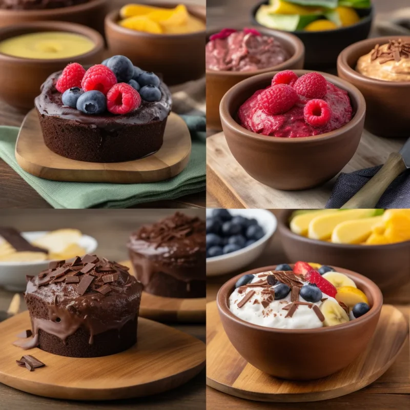 Collage featuring Black Bean Brownies, Chocolate Protein Mug Cake, Homemade Frozen Yogurt, and Chocolate Protein Pudding in vibrant and professional food photography style