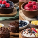 Collage featuring Black Bean Brownies, Chocolate Protein Mug Cake, Homemade Frozen Yogurt, and Chocolate Protein Pudding in vibrant and professional food photography style