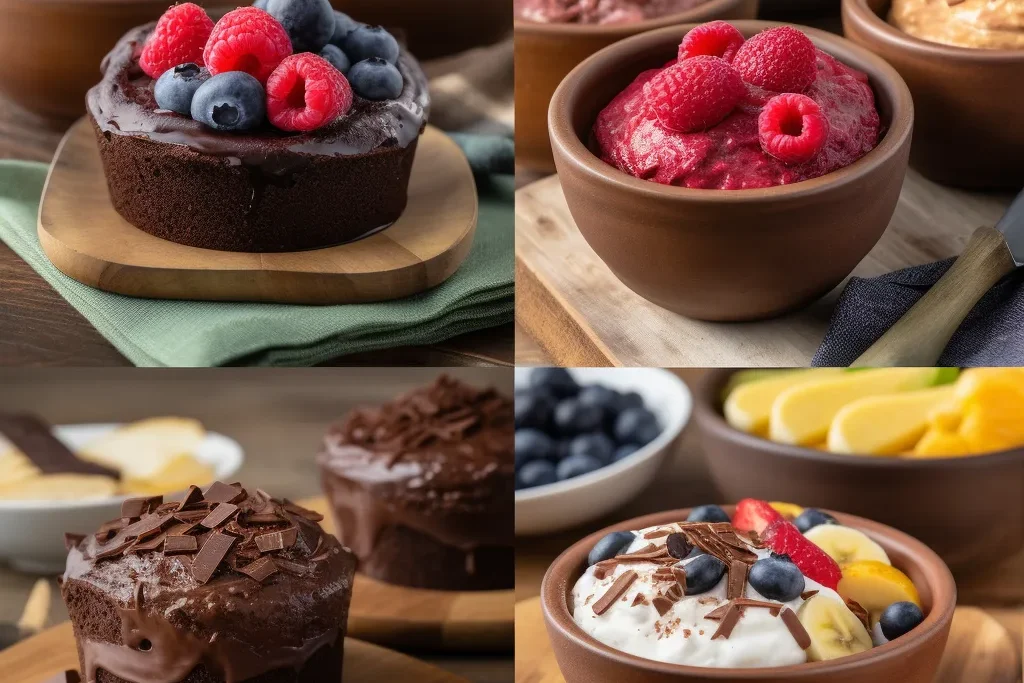 Collage featuring Black Bean Brownies, Chocolate Protein Mug Cake, Homemade Frozen Yogurt, and Chocolate Protein Pudding in vibrant and professional food photography style