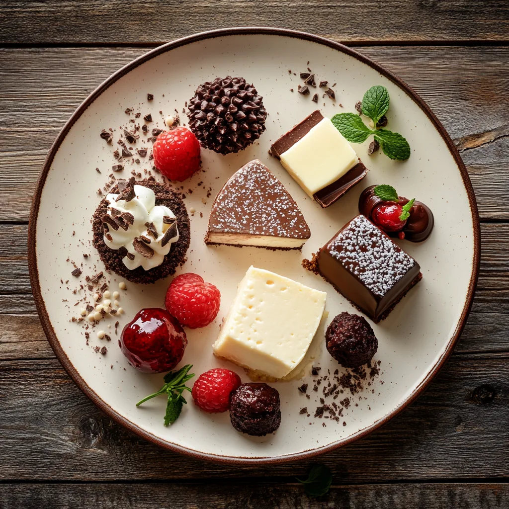 A variety of carnivore-friendly desserts including cheesecake, mousse, and fat bombs, styled beautifully on a wooden table with soft lighting.