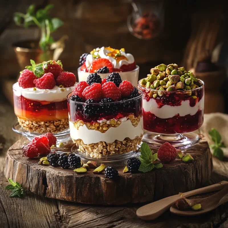A variety of delicious Greek yogurt desserts, including berry parfaits, yogurt bowls, and creamy cheesecakes, styled beautifully on a rustic wooden table.