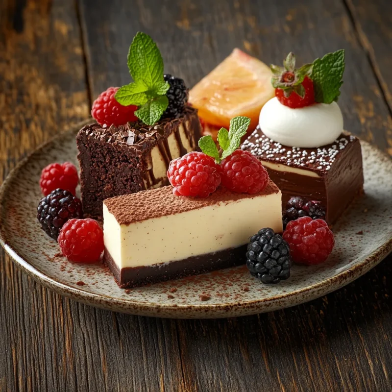 An assortment of high-protein desserts, including chocolate brownies, cheesecake, and fruit parfait, beautifully plated on a rustic wooden table.