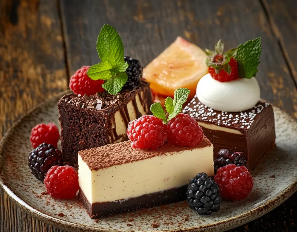 An assortment of high-protein desserts, including chocolate brownies, cheesecake, and fruit parfait, beautifully plated on a rustic wooden table.