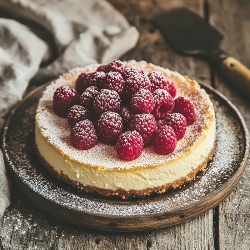 Close-up of a freshly baked ricotta cheesecake with a golden crust, dusted with powdered sugar, and topped with fresh raspberries.