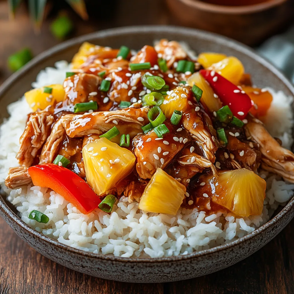 A beautifully plated slow cooker Hawaiian chicken dish, featuring tender chicken coated in a glossy pineapple-brown sugar soy sauce glaze, served over white rice with fresh pineapple chunks and bell peppers. Warm tropical lighting enhances the presentation.