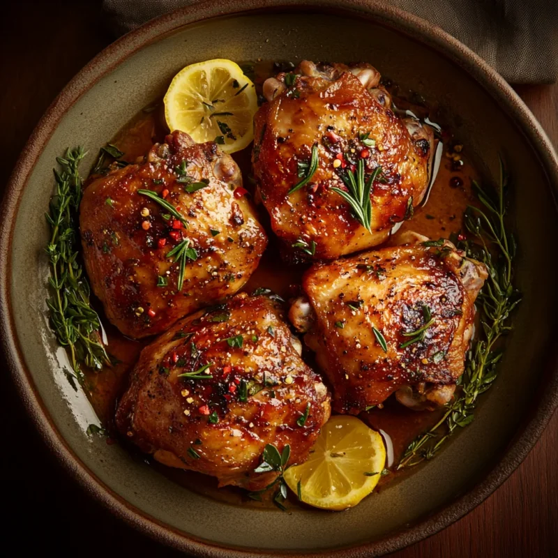 Golden-brown braised chicken thighs with crispy skin, garnished with fresh herbs in a cast iron skillet.