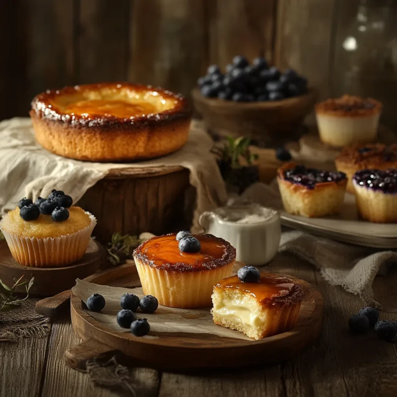 A selection of warm baked Greek yogurt desserts, including tarts, muffins, and a golden yogurt cake, styled on a rustic wooden surface.