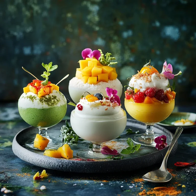 A variety of globally inspired Greek yogurt desserts, including matcha mochi, yogurt soufflé, saffron pudding, and mango parfait, beautifully plated.