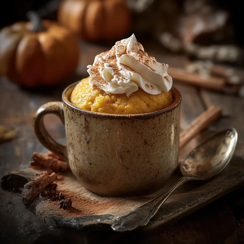 A warm and fluffy no-egg pumpkin mug cake in a ceramic mug, topped with whipped cream and cinnamon, surrounded by pumpkins and spices.