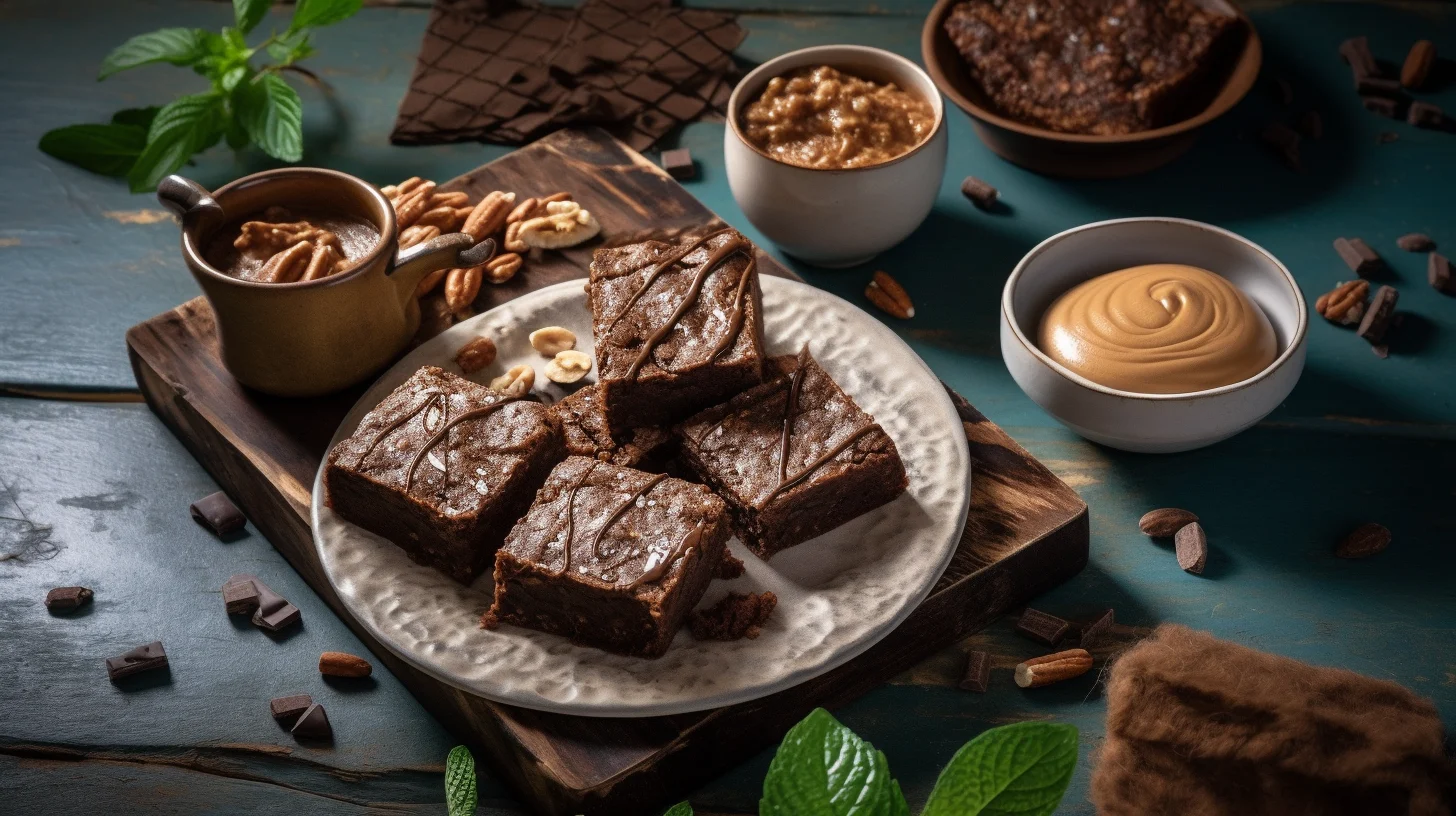 Stack of Fudgy High Protein Brownies with Garnishes