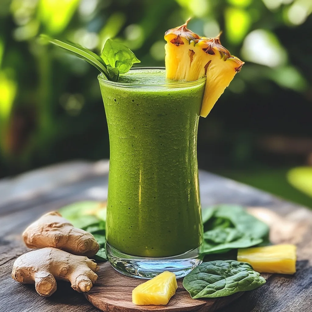 Detox Island Green Smoothie in a glass with tropical fruit and greens garnish.