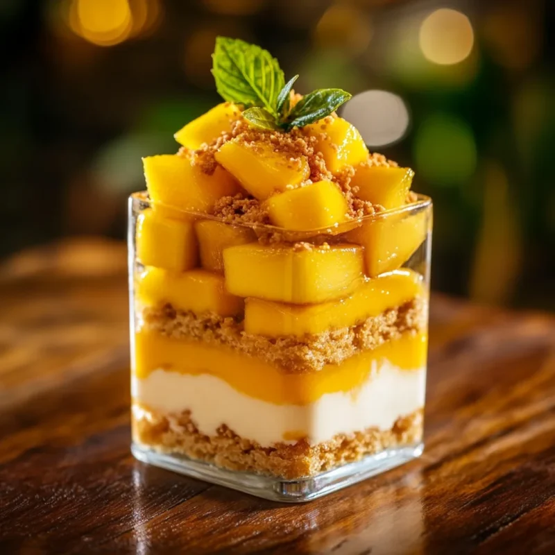 A beautifully plated mango float dessert with layers of graham crackers, whipped cream, and fresh mango slices, garnished with a mint leaf.