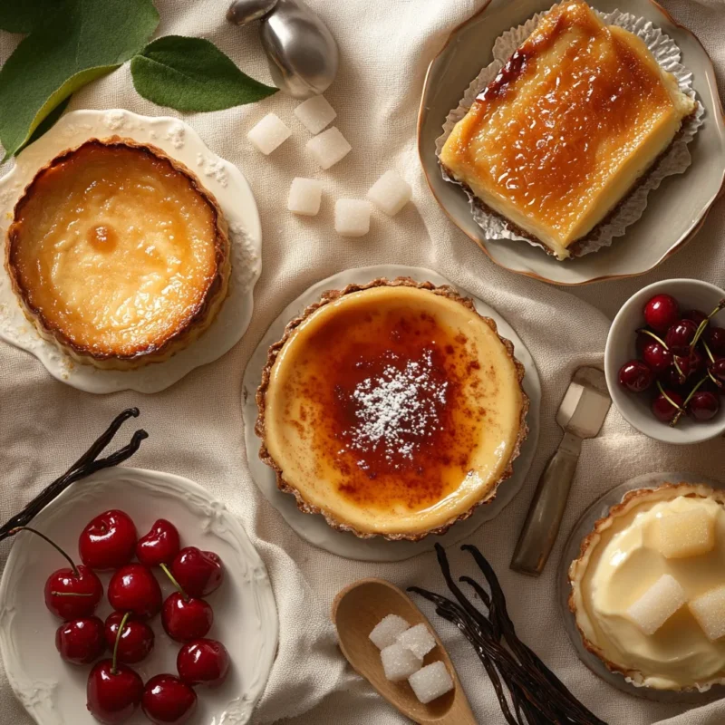 A selection of popular French custard desserts, including crème brûlée, flan, and clafoutis